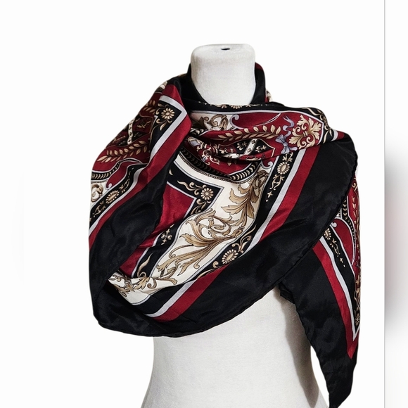Vintage 1980s Silk Heraldic Shield Versace Style Large Sqaure Scarf. Red/Black. - Picture 1 of 11